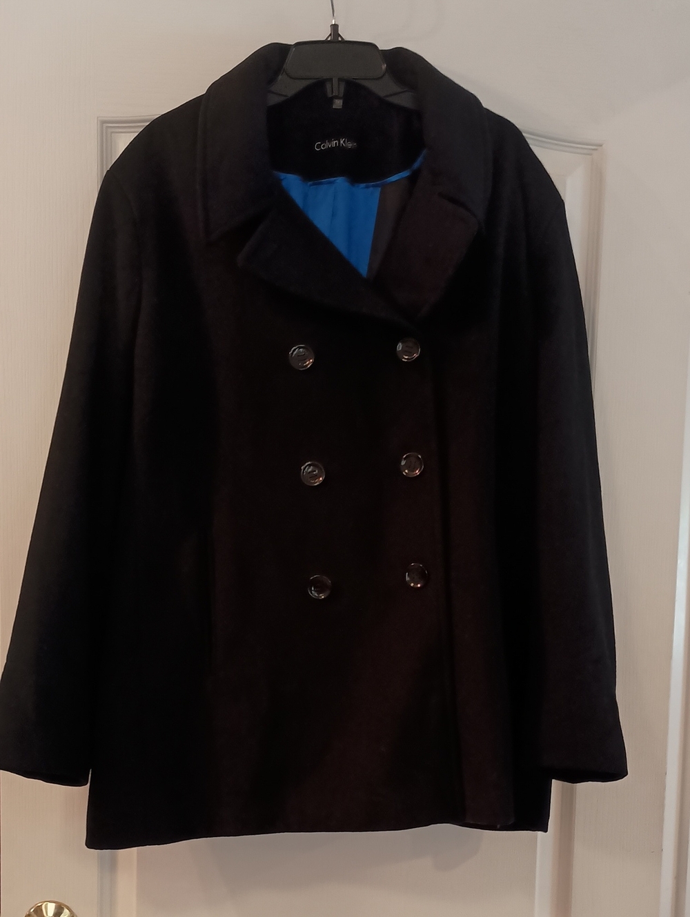 Calvin Klein Black Double-Breasted Pea Coat with Blue Lining